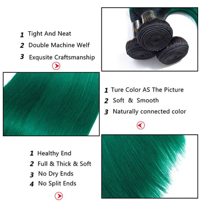 1B/Green Ombre Hair Staight 3 Bundles with Closure Dark Roots Turquoise Human Hair
