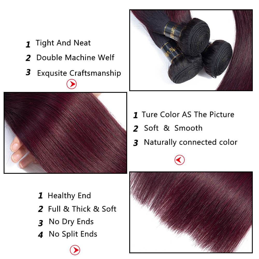 1B/99J Ombre Hair Weave 3 Pcs Straight with 4x4 Lace Closure 100% Virgin Human Hair