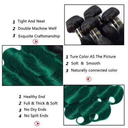 1B/Green Ombre Hair Weave 3 Pcs Body Wave Human Hair with Lace Closure