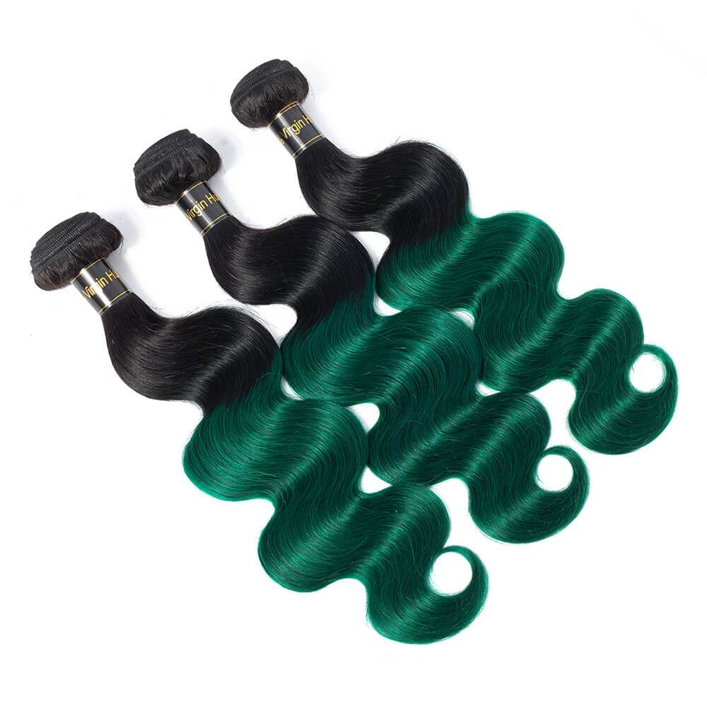 1B/Green Ombre Hair Weave 3 Pcs Body Wave Human Hair with Lace Closure