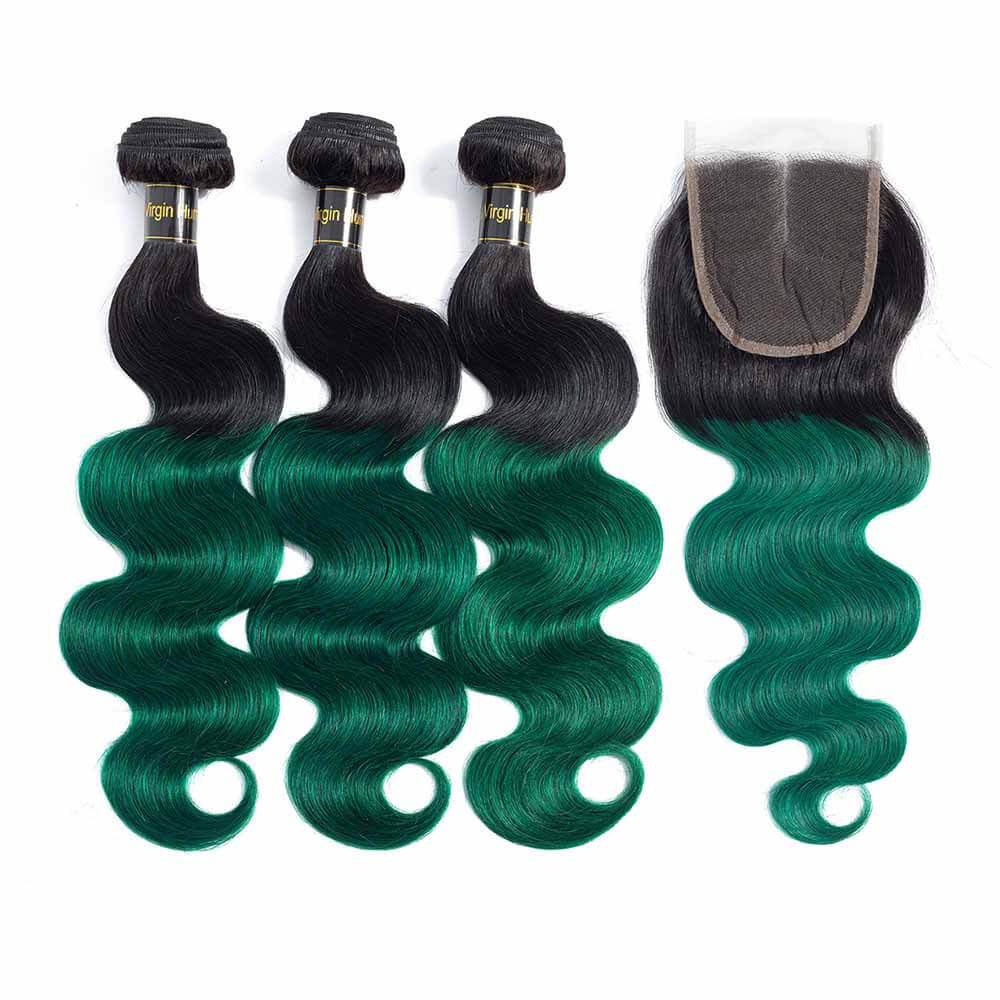 1B/Green Ombre Hair Weave 3 Pcs Body Wave Human Hair with Lace Closure