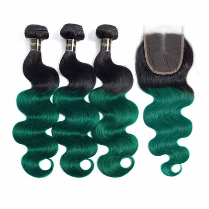 1B/Green Ombre Hair Weave 3 Pcs Body Wave Human Hair with Lace Closure