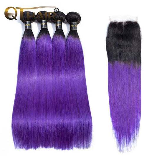 1B/Purple Ombre Color Straight Human Hair 3 Pcs with Lace Closure 2 Tone Ombre Hair Weave
