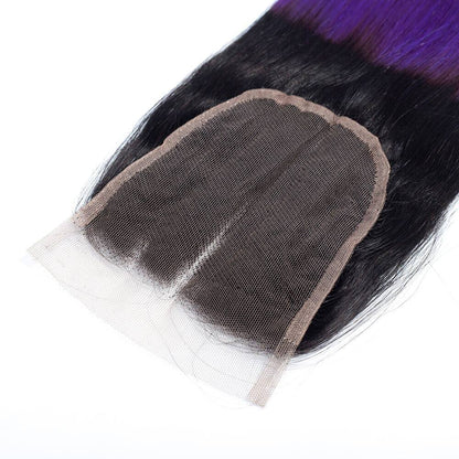 1B/Purple Ombre Color Straight Human Hair 3 Pcs with Lace Closure 2 Tone Ombre Hair Weave