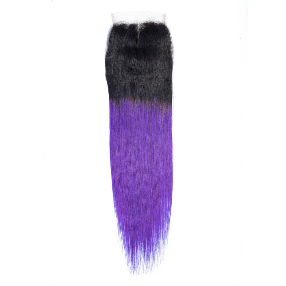 1B/Purple Ombre Color Straight Human Hair 3 Pcs with Lace Closure 2 Tone Ombre Hair Weave