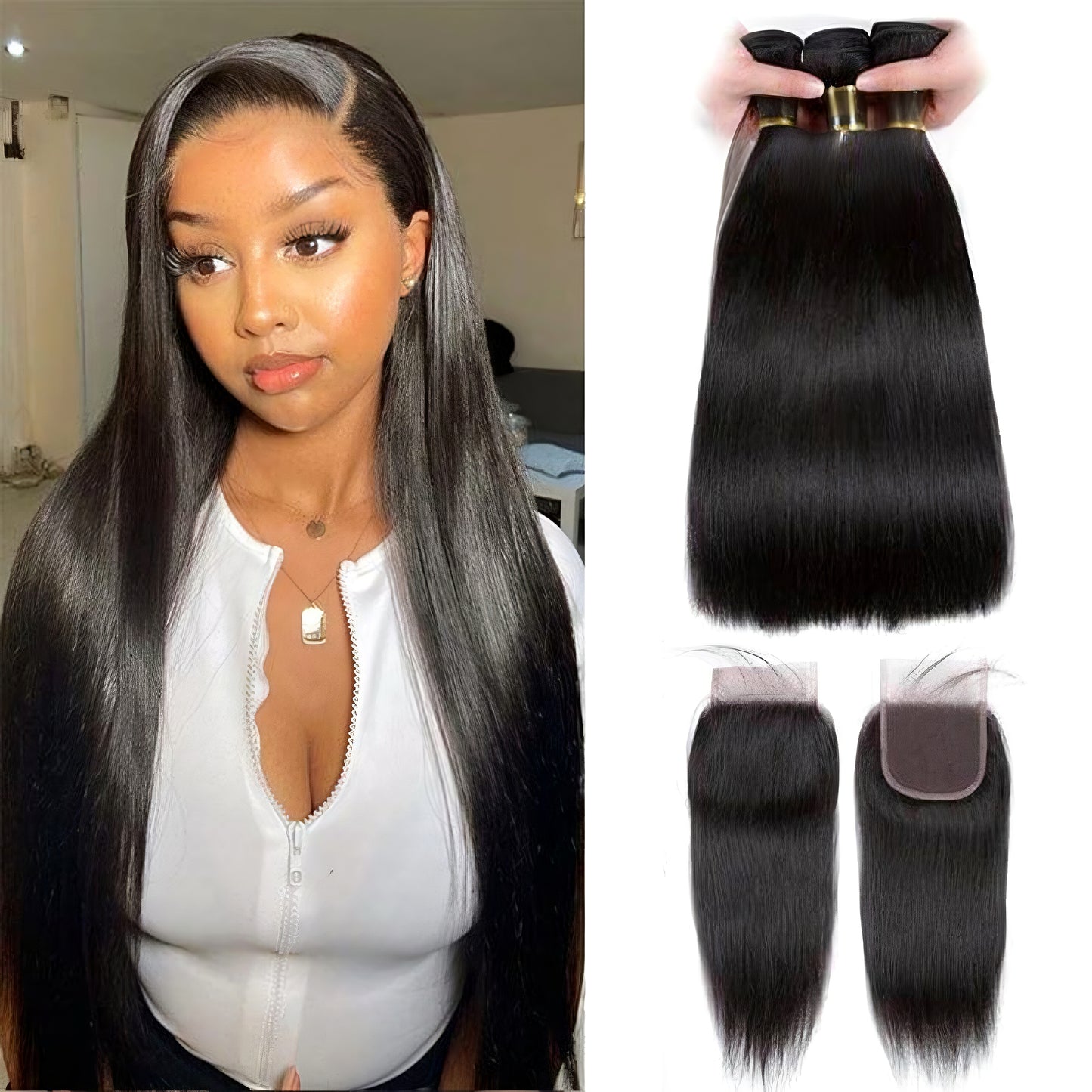 Hair Virgin Straight Human Hair Bundles with Lace Frontal Closure