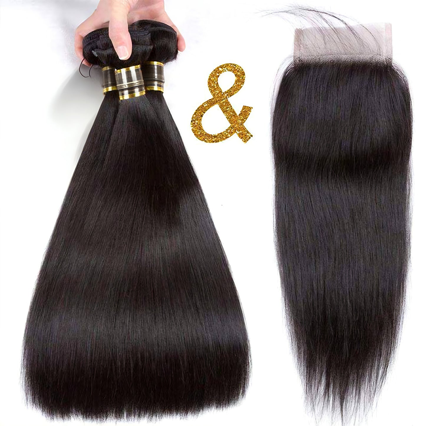 Hair Virgin Straight Human Hair Bundles with Lace Frontal Closure