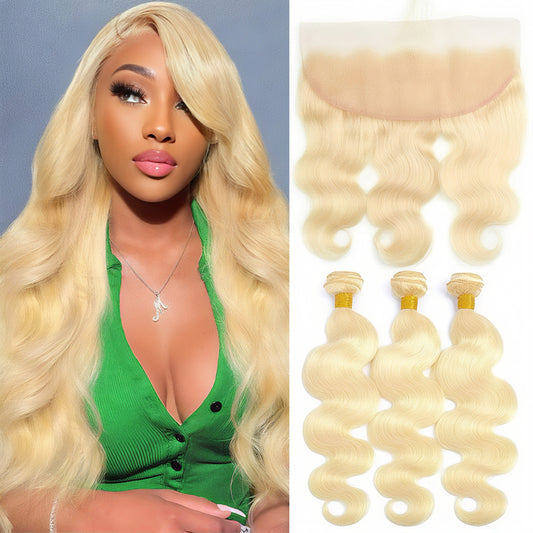 613 Honey Blonde Color Human Hair 3 Bundles with 13x4 Lace Frontal Body Wave