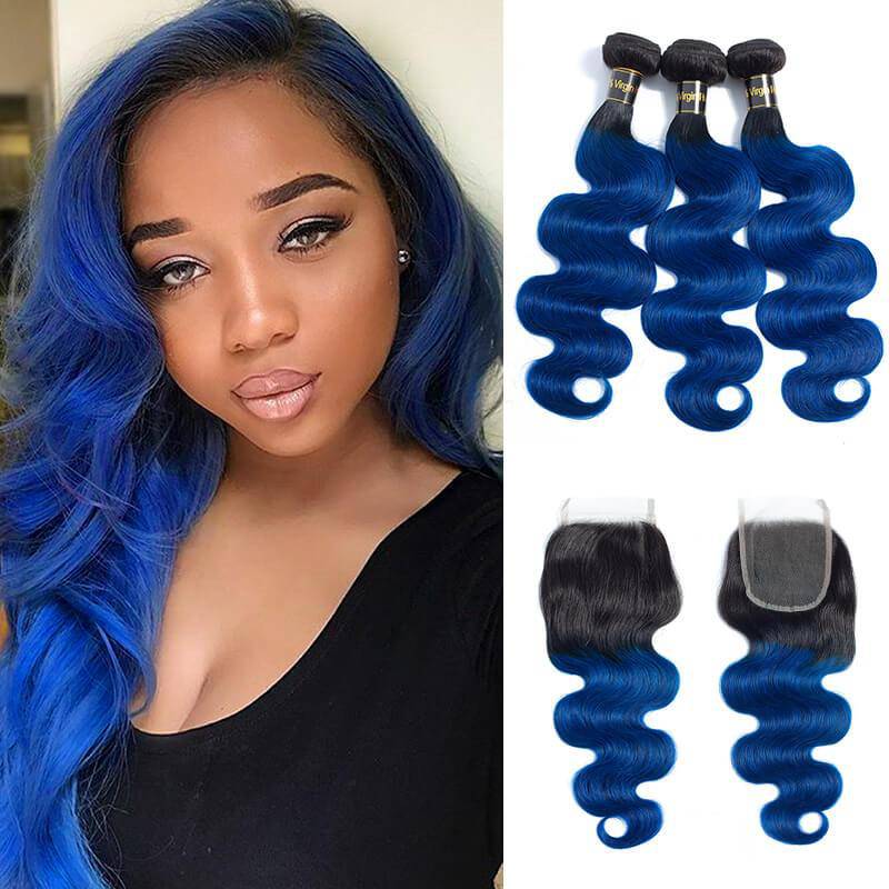 1B/Blue Body Wave Human Hair 3 Bundles with Closure 2 Tone Ombre Human Hair