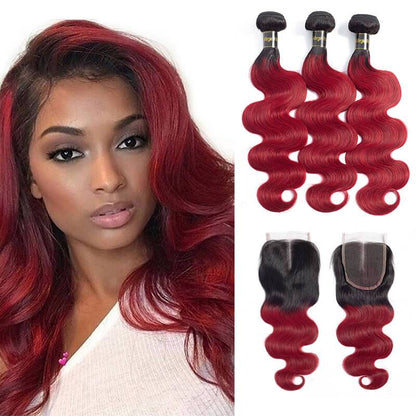 Ombre 1B/Red 3 Bundles with Lace Closure Body Wave Human Hair Weave Extensions