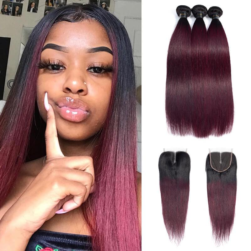 1B/99J Ombre Hair Weave 3 Pcs Straight with 4x4 Lace Closure 100% Virgin Human Hair