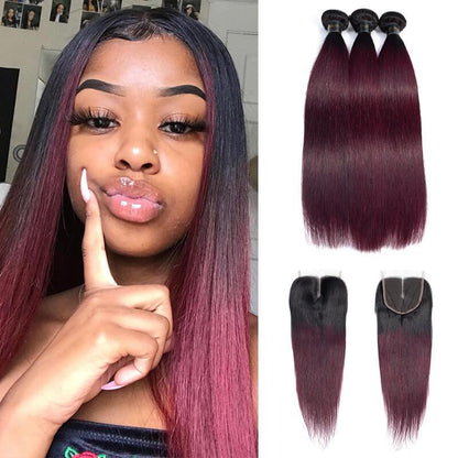 1B/99J Ombre Hair Weave 3 Pcs Straight with 4x4 Lace Closure 100% Virgin Human Hair