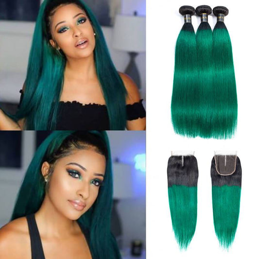 1B/Green Ombre Hair Staight 3 Bundles with Closure Dark Roots Turquoise Human Hair
