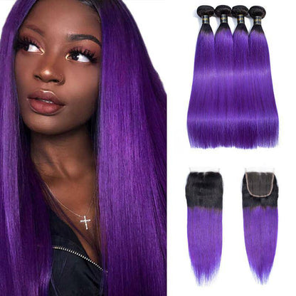 1B/Purple Ombre Color Straight Human Hair 3 Pcs with Lace Closure 2 Tone Ombre Hair Weave