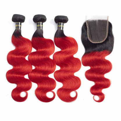 Ombre 1B/Red 3 Bundles with Lace Closure Body Wave Human Hair Weave Extensions