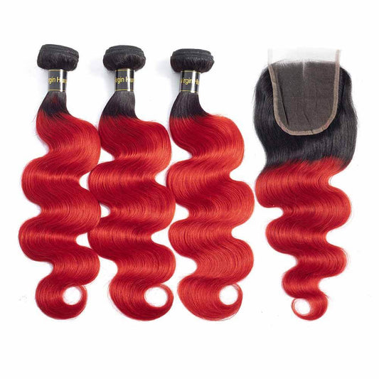 Ombre 1B/Red 3 Bundles with Lace Closure Body Wave Human Hair Weave Extensions