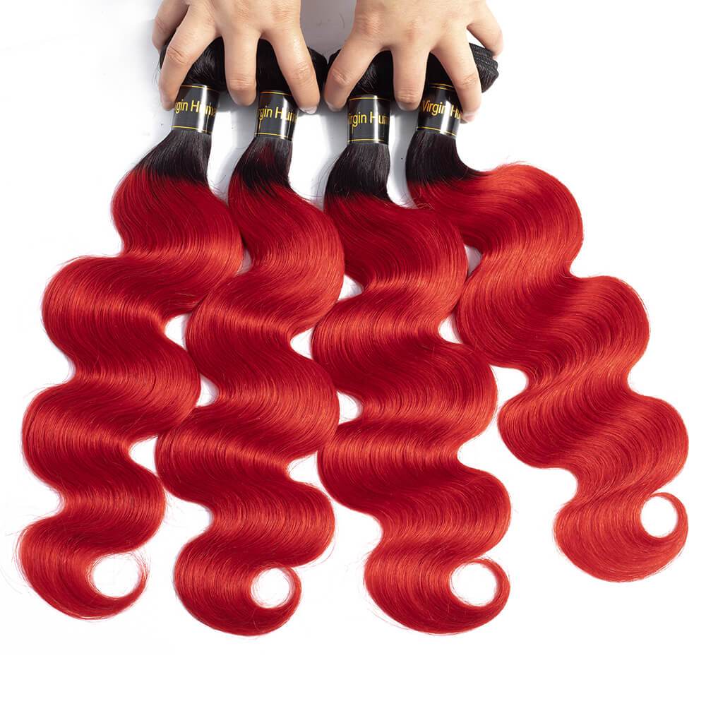 Ombre 1B/Red 3 Bundles with Lace Closure Body Wave Human Hair Weave Extensions