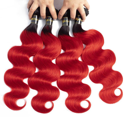 Ombre 1B/Red 3 Bundles with Lace Closure Body Wave Human Hair Weave Extensions