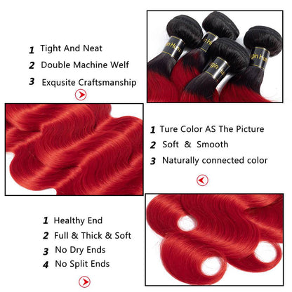Ombre 1B/Red 3 Bundles with Lace Closure Body Wave Human Hair Weave Extensions
