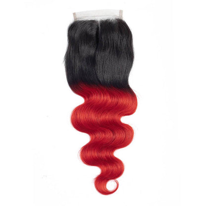 Ombre 1B/Red 3 Bundles with Lace Closure Body Wave Human Hair Weave Extensions