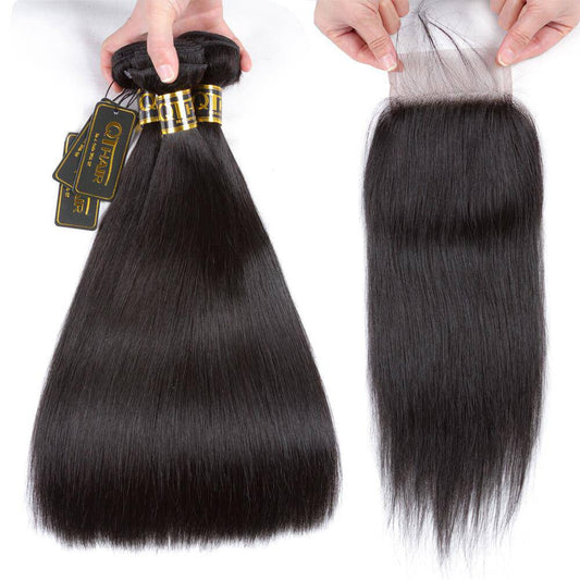 Peruvian Virgin Human Hair 3 Bundles Straight Hair with 4*4 Lace Closure with Baby Hair
