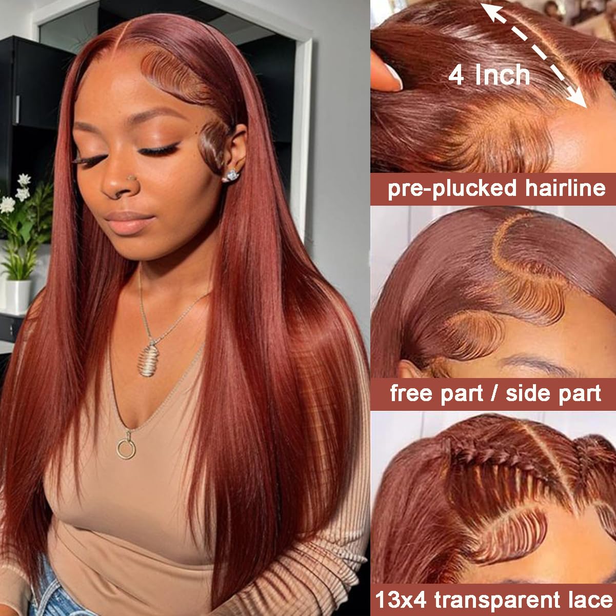 Reddish Brown Lace Front Wigs Human Hair Straight 13x4 HD Lace Front Wigs Human Hair Pre Plucked