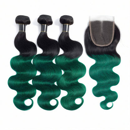 1B/Green Ombre Hair Weave 3 Pcs Body Wave Human Hair with Lace Closure