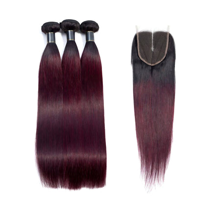 1B/99J Ombre Hair Weave 3 Pcs Straight with 4x4 Lace Closure 100% Virgin Human Hair