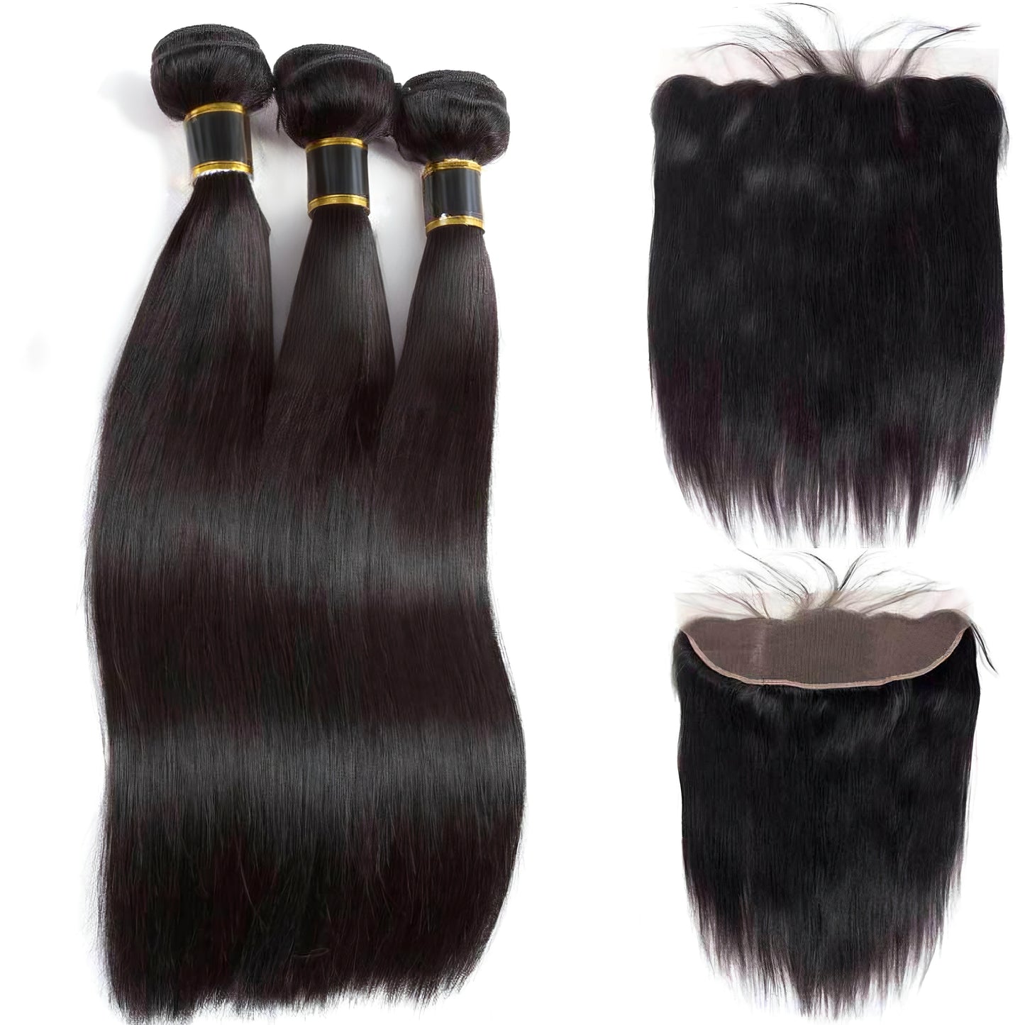Straight Human Hair Weave 3 Bundles with 13x4 Lace Frontal Natural Color