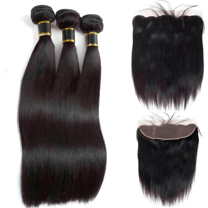 Straight Human Hair Weave 3 Bundles with 13x4 Lace Frontal Natural Color