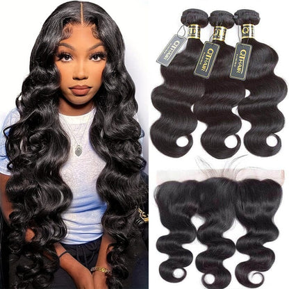 Body Wave 3 Bundles with Lace Frontal Virgin Human Hair Weave Extensions for Women
