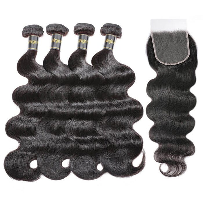 Body Wave 4 Pcs Hair Bundles with Lace Closure Virgin Human Hair Natural Black Color