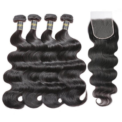 Body Wave 4 Pcs Hair Bundles with Lace Closure Virgin Human Hair Natural Black Color