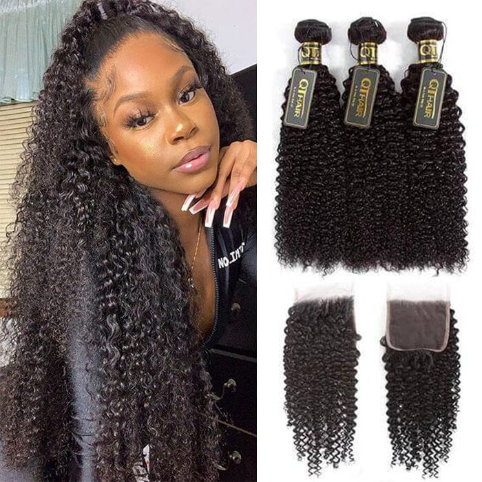 QT Hair Brazilian Jerry Curly Virgin Human Hair Bundles with Lace Closure or Frontal