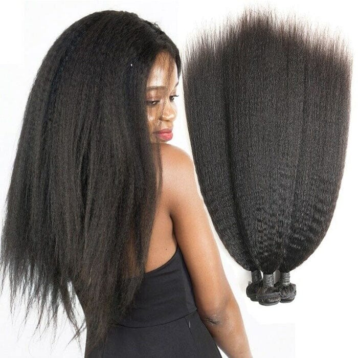 QT Hair Kinky Straight Human Hair Weave Bundles with Swiss Lace Closure