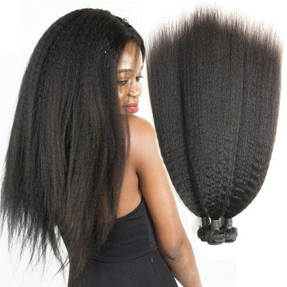 QT Hair Kinky Straight Human Hair Weave Bundles with Swiss Lace Closure