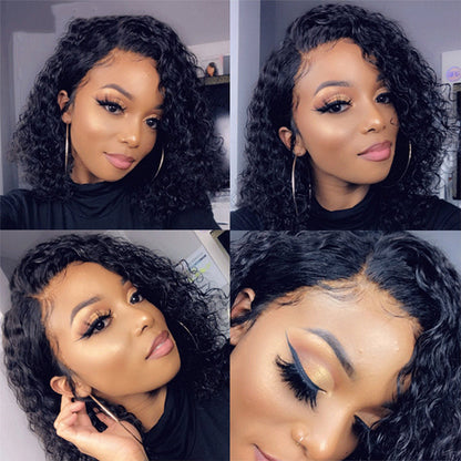 Water Wave 4x4 HD Lace Closure Blunt Cut Short Bob Wig Lace Front Curly Human Hair Wigs
