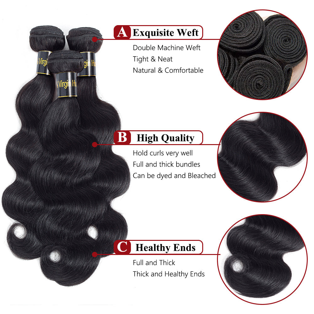 14A Body Wave Hair Human Hair Bundles 100% Unprocessed Virgin Human Hair Weave 3 Bundles Hair