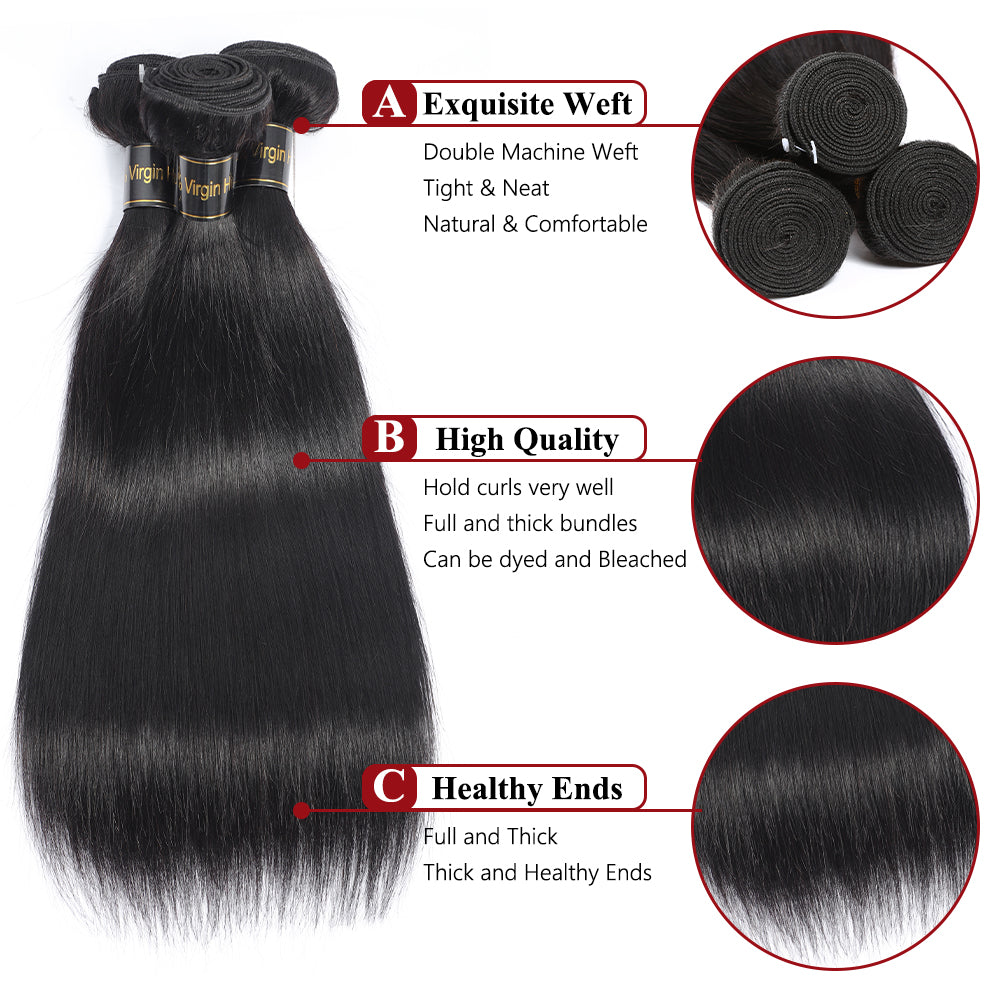 4 Bundles Hair 14A Straight Hair Human Hair Bundles 100% Unprocessed Brazilian Virgin Human Hair Straight Weave