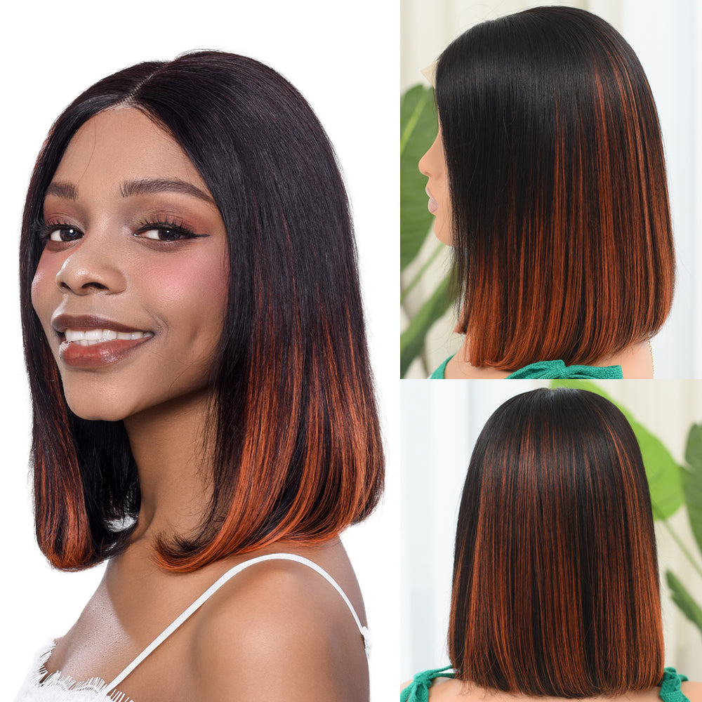 1B/350 Ginger Orange Ombre Short Bob Lace Front Human Hair Wig Straight Lace Closure Wigs