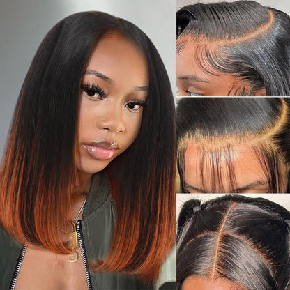 1B/350 Ginger Orange Ombre Short Bob Lace Front Human Hair Wig Straight Lace Closure Wigs