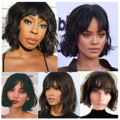 Body Wave Short Bob Human Hair Wigs with Bangs None Lace Front Wigs