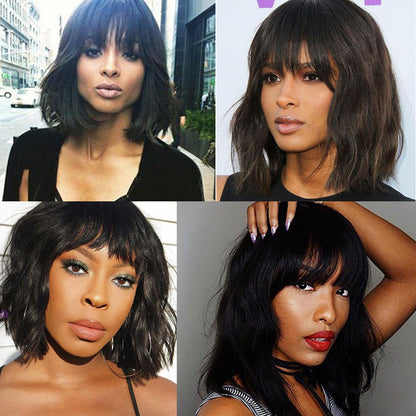 Body Wave Short Bob Human Hair Wigs with Bangs None Lace Front Wigs