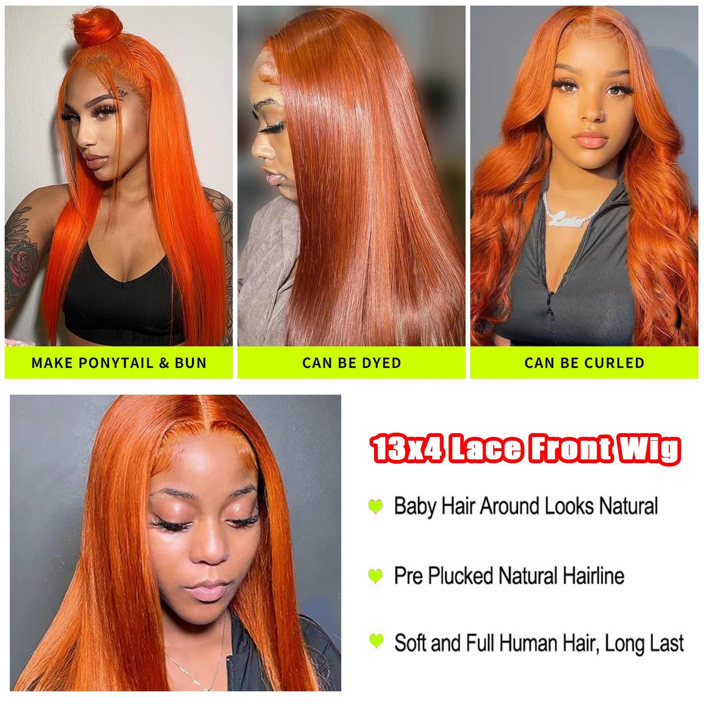 Ginger Orange 13x4 HD Straight Lace Front Wigs Human Hair Pre Plucked Natural Hairline