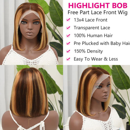 Highlight 4/27 Ombre Bob Straight 13x4 Lace Front Ombre Real Human Hair Wigs Pre Plucked