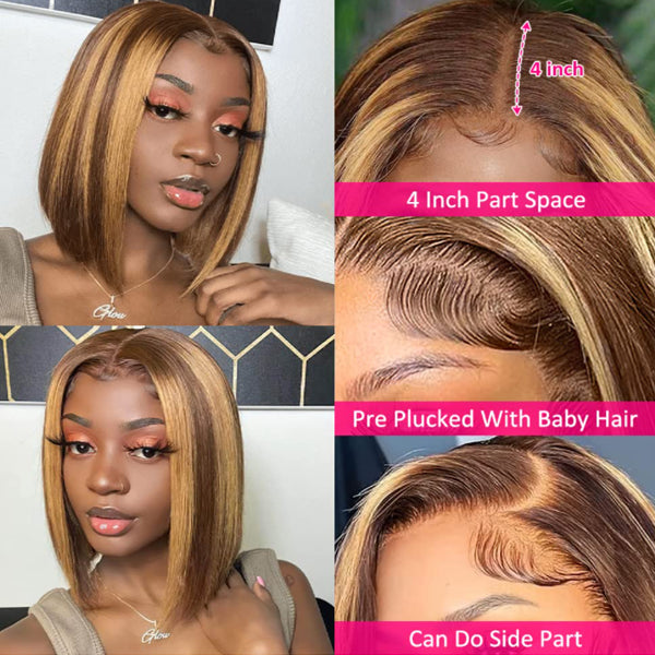 Highlight 4/27 Ombre Bob Straight 13x4 Lace Front Ombre Real Human Hair Wigs Pre Plucked