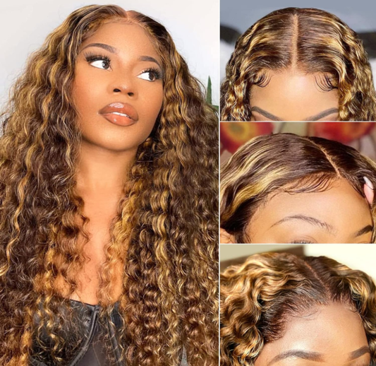 Highlight Lace Front Wigs Deep Wave #4/27 Ombre Colored Curly Water Wave Lace  Human Hair Wig