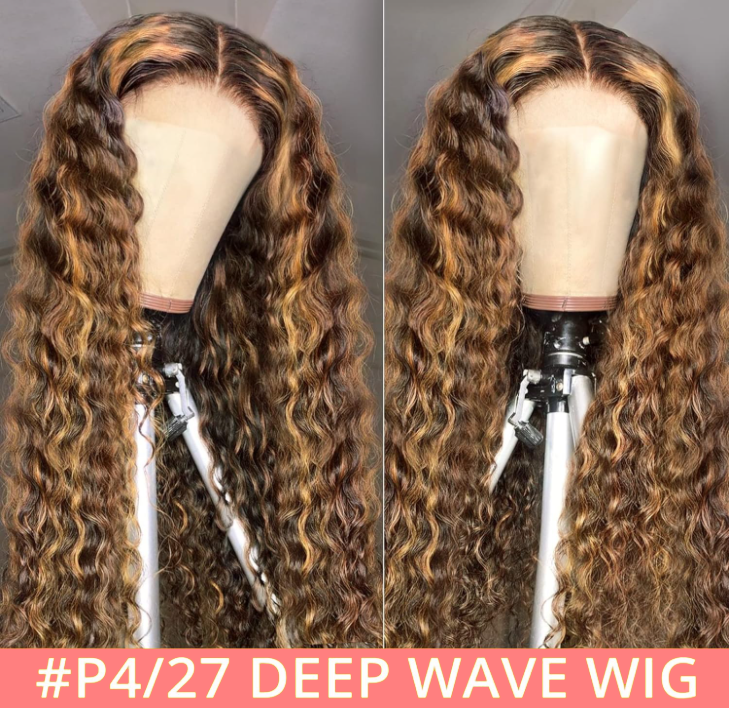 Highlight Lace Front Wigs Deep Wave #4/27 Ombre Colored Curly Water Wave Lace  Human Hair Wig