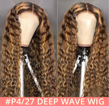 Highlight Lace Front Wigs Deep Wave #4/27 Ombre Colored Curly Water Wave Lace  Human Hair Wig