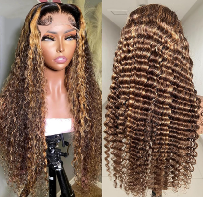 Highlight Lace Front Wigs Deep Wave #4/27 Ombre Colored Curly Water Wave Lace  Human Hair Wig